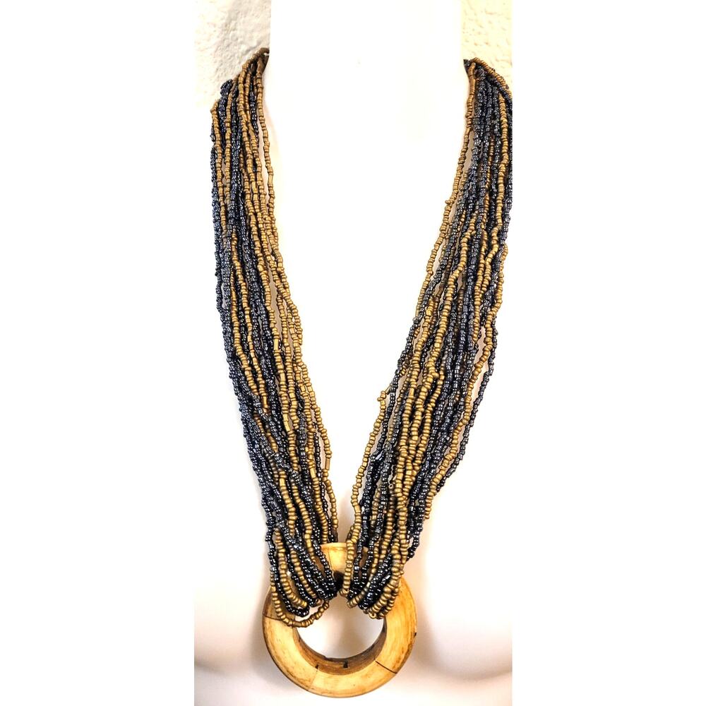 Vintage Tribal Boho Multi Strand Seed Bead Necklace Carved Ring Statement